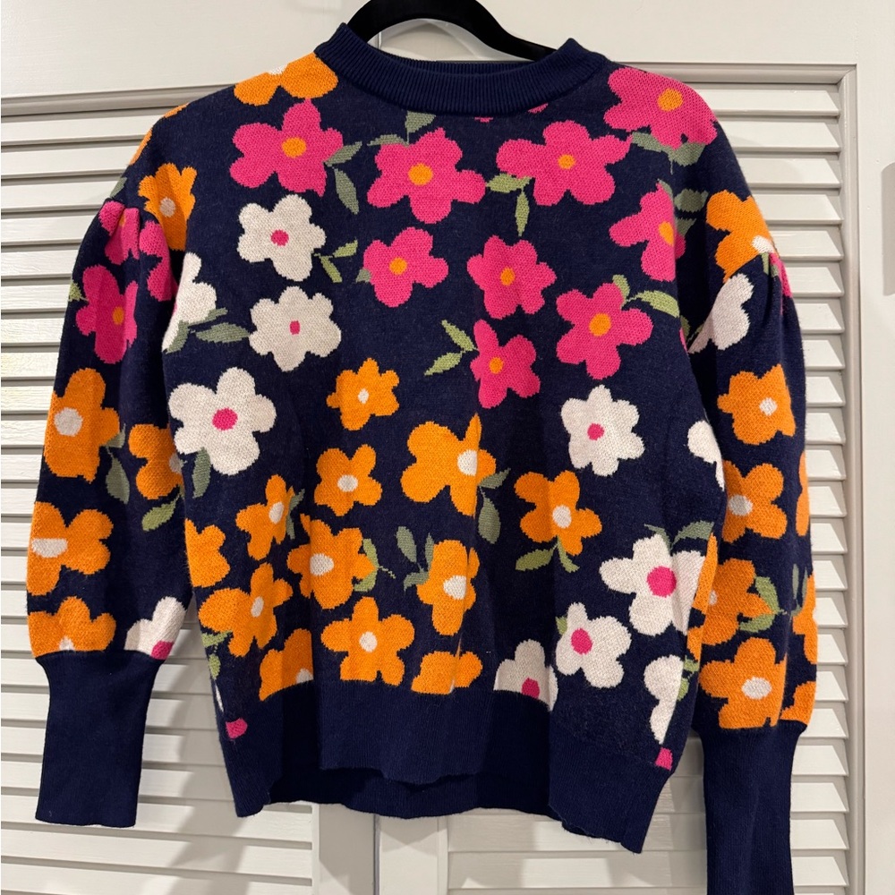 THML Navy Floral Crewneck Sweater with Pink, Orange & White Flowers
